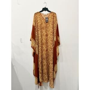 Elsa Cohen Floral Paisley Oversized Cover Up Kaftan Dress Brown/Yellow One Size